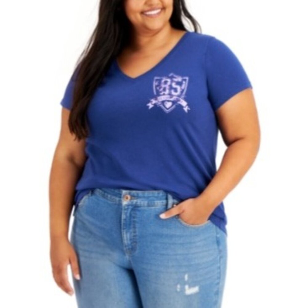Style & Co Womens Plus Size Cotton Graphic-Print Top Navy Size 1X